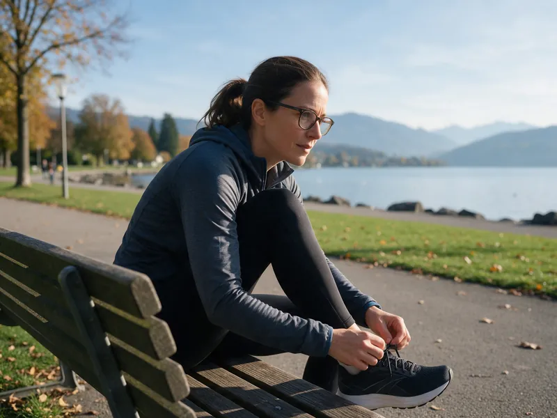 Frau mit Brille bindet auf einer Parkbank am See ihre Laufschuhe